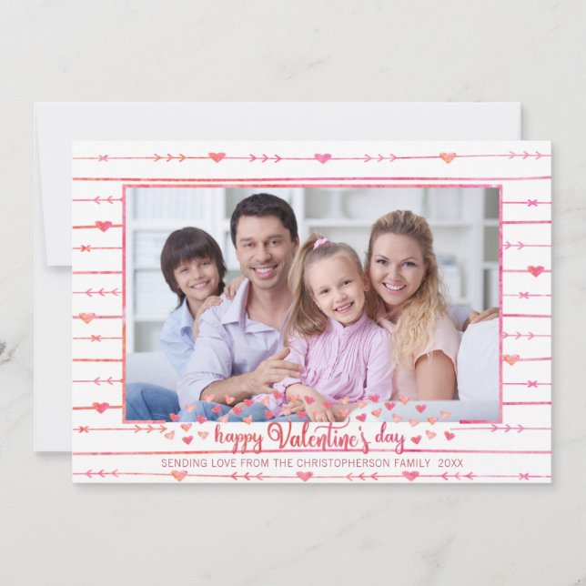 Valentine Watercolor Hearts and Arrows Photo Holiday Card (Front)