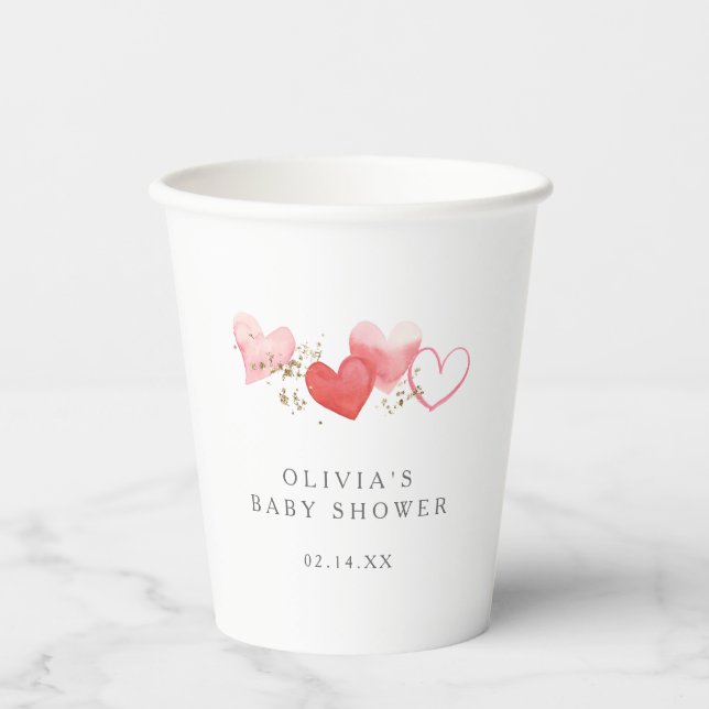 Valentine Watercolor Hearts Girl Baby Shower Paper Cups (Front)