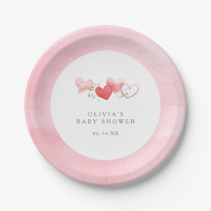 Valentine Watercolor Hearts Girl Baby Shower Paper Plate