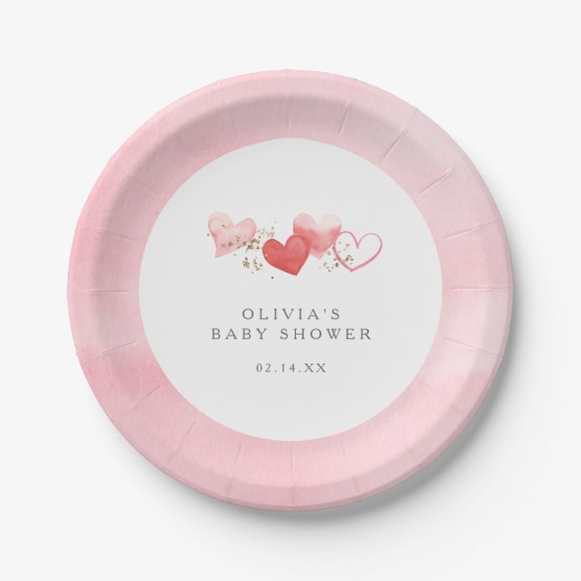 Valentine Watercolor Hearts Girl Baby Shower Paper Plate (Front)