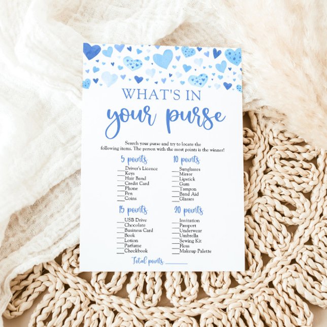 Valentine What's In Your Purse Baby Shower Game Invitation (Watercolor Cute Blue Hearts Valentine Sweetheart February Boy What's In Your Purse Baby Shower Game)