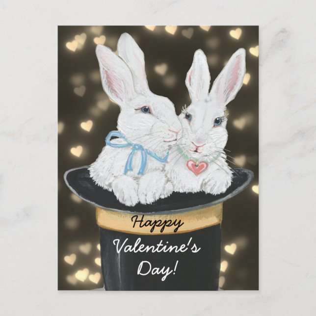 Valentine White Snuggle Bunny Rabbits, Magic Hat Holiday Postcard (Front)