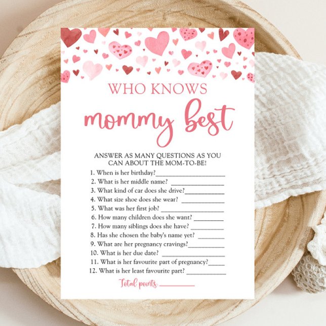 Valentine Who Knows Mummy Best Baby Shower Game Invitation (Watercolor Cute Pink Red Hearts Valentine Sweetheart Baby Girl Who Knows Mommy Best Baby Shower Game)