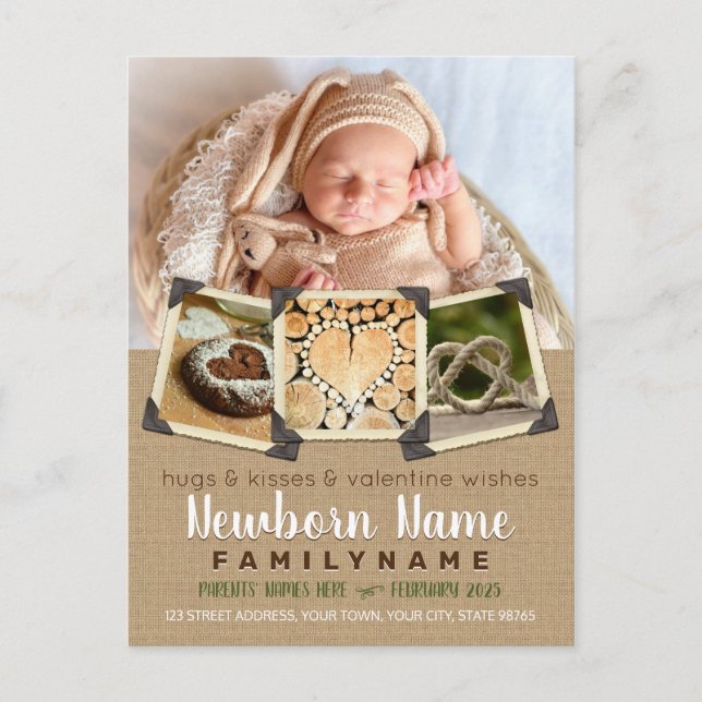 Valentine Wishes Baby Instagram Photo Burlap Holiday Postcard (Front)