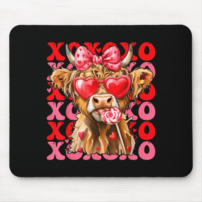 Valentine Xoxo Highland Cow Cute Coquette Bow West Mouse Pad (Front)