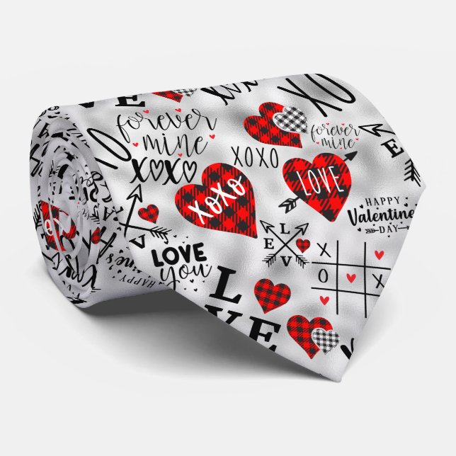 Valentine XOXO Love You Red Black Heart Forever  Tie (Rolled)
