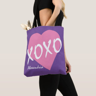 Valentine XOXO Pink Heart Hugs Kisses Purple Tote Bag