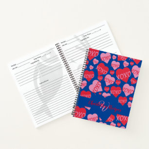 Valentine XOXO Red Pink Hearts Blue Recipe Notebook