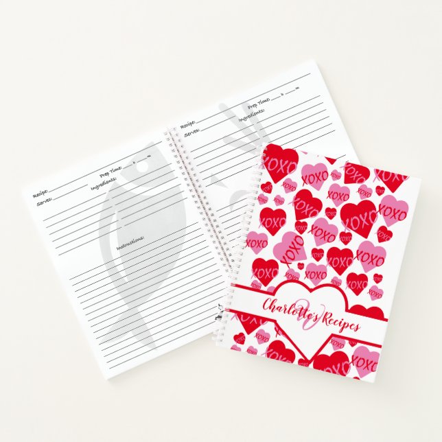 Valentine XOXO Red Pink Hearts White Recipe Notebook (Inside)