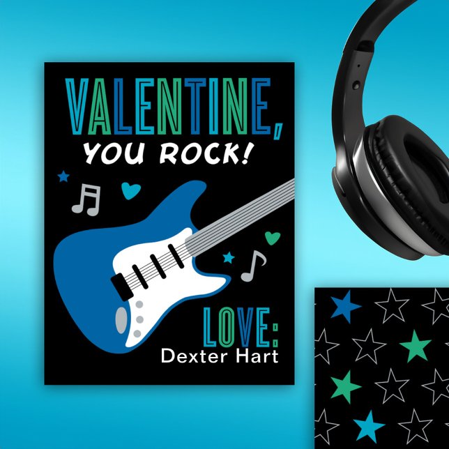 Valentine You Rock Blue Guitar Kids Valentines Day Card (Creator Uploaded)