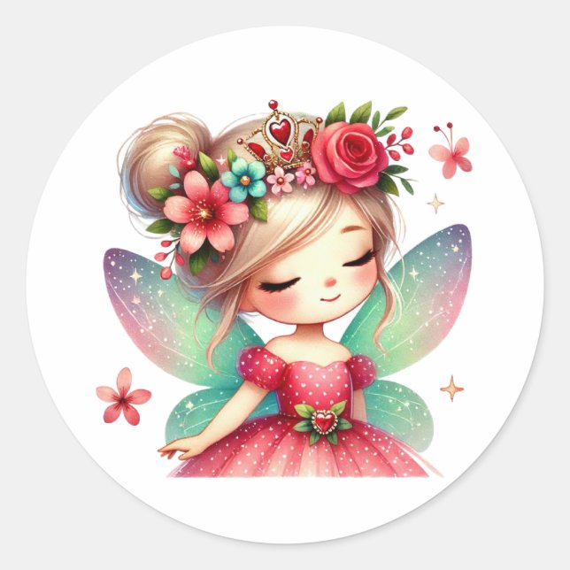 Valentines Adorable Fairy Classic Round Sticker (Front)