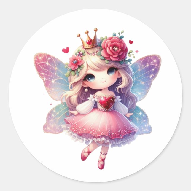 Valentines Adorable Fairy Classic Round Sticker (Front)