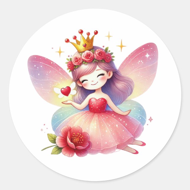 Valentines Adorable Fairy Classic Round Sticker (Front)