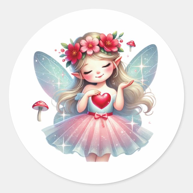 Valentines Adorable Fairy Classic Round Sticker (Front)