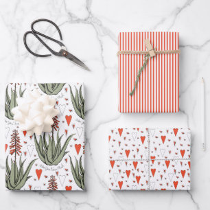 Valentines Aloe Plants Succulents Stripes Hearts Wrapping Paper Sheet