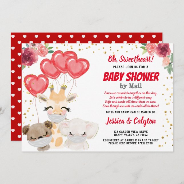 Valentine's Baby Shower By Mail Cute Animals Masks Invitation (Front/Back)