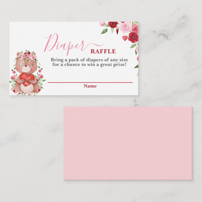 Valentines Bear Baby Shower Diaper Raffle Card (Front/Back)