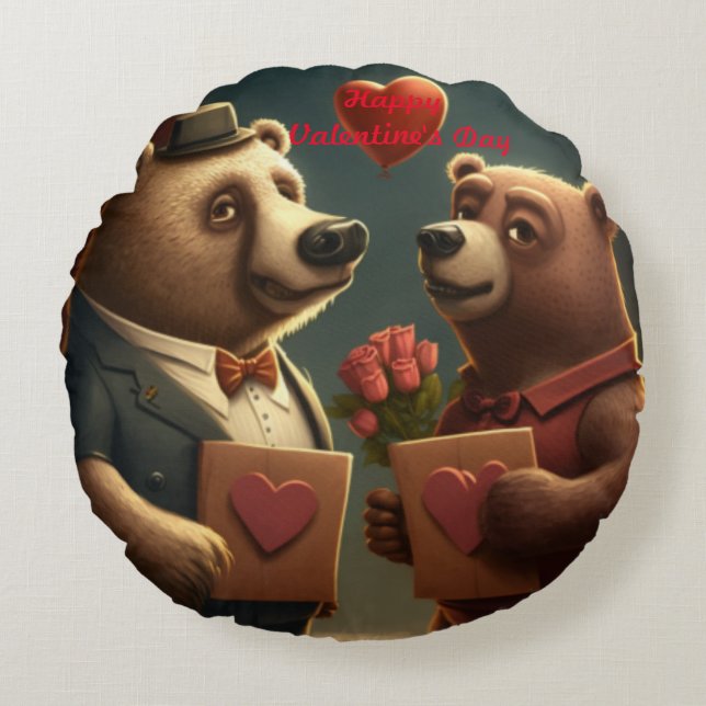Valentine's bear cartoon custom round cushion (Front)