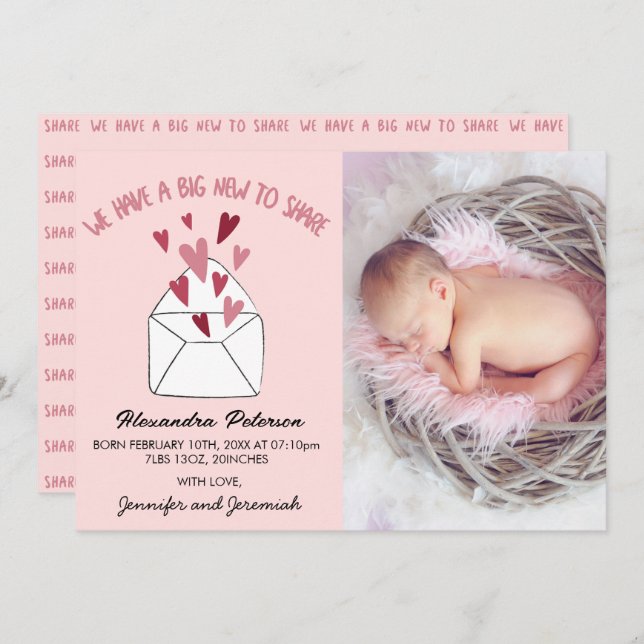 Valentines birth announcement card envelope hearts (Front/Back)