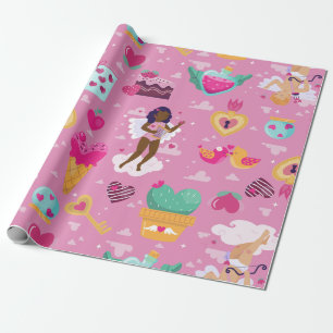 valentines black cherub african angel harp arrow  wrapping paper