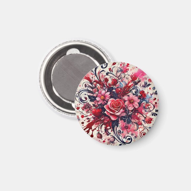 Valentines Bouquet / Rose Splatter Art Magnet (Front/Back)