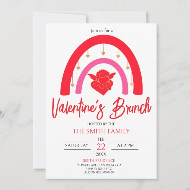 Valentine's Brunch Red rainbow & Cupid  Invitation (Front)