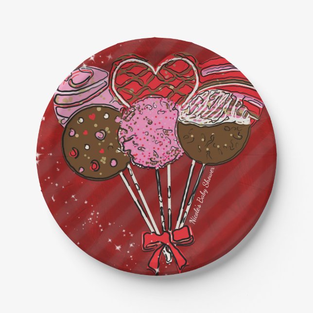 Valentine's Cake Pops Modern Chic Birthday Party Paper Plate (Front)