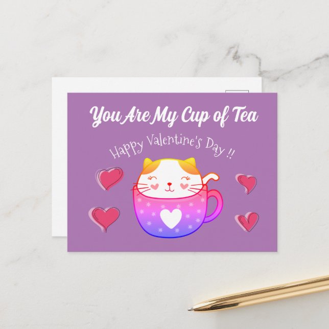 Valentine's Card with a cat inside a tea cup (Front/Back In Situ)