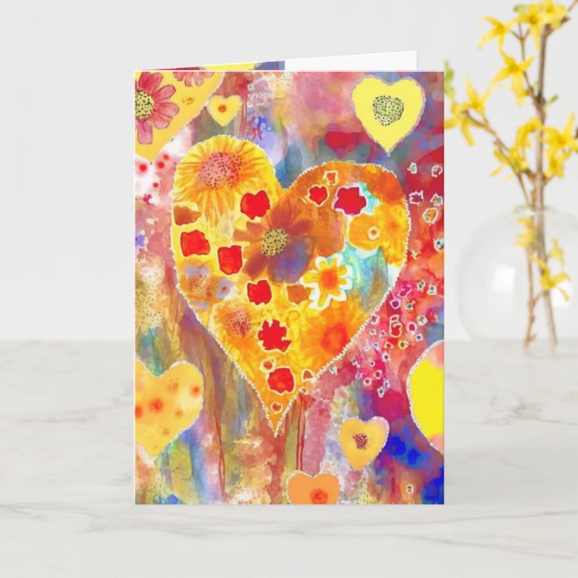 Valentine's Card with pinks, reds, yellows, blues (Yellow Flower)