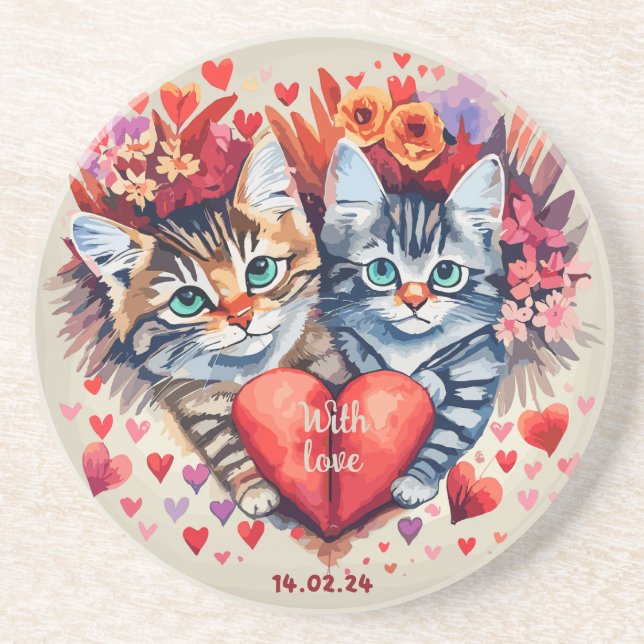 Valentines cats with heart coaster (Front)