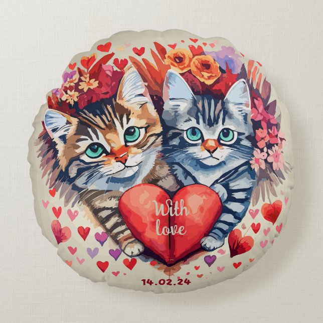 Valentines cats with heart round cushion (Front)