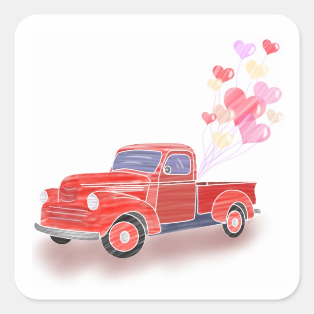 Valentine's Classic Red Truck with Heart Balloons| Square Sticker (Front)