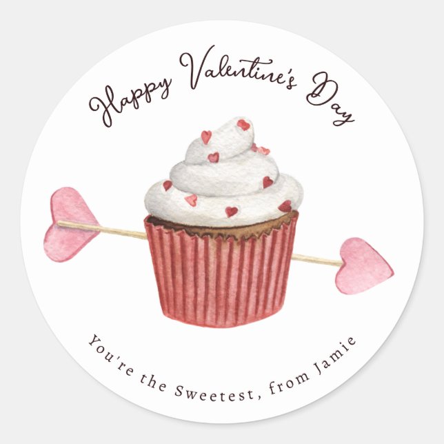 Valentine's Cupcake Heart & Arrow Classic Round Sticker (Front)