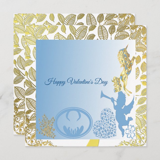 Valentines Cupid Blue Gold Foliage Border Romantic (Front/Back)