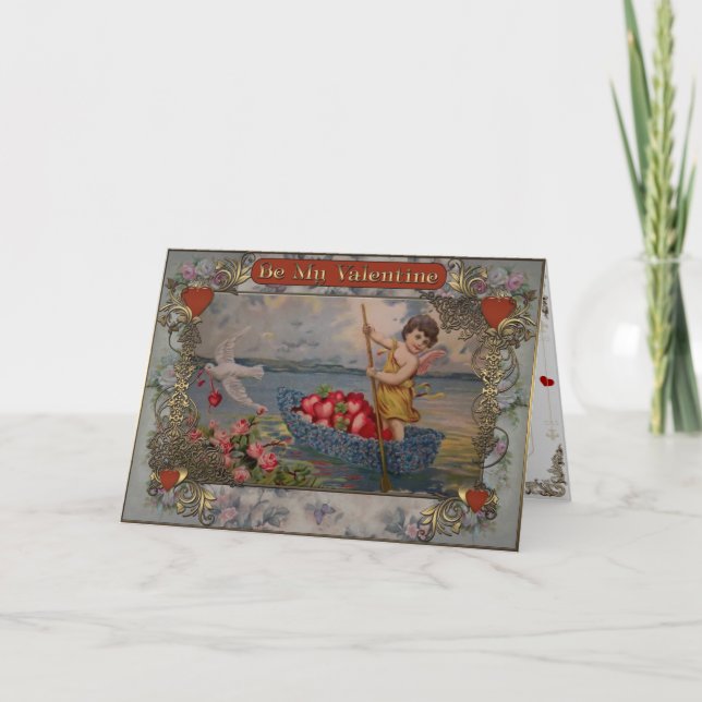 Valentine's - Cupid sails on a boat full of hearts Holiday Card (Front)