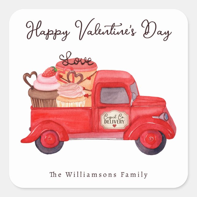 Valentine's Cupid's Delivery Red Watercolor Truck Square Sticker (Front)