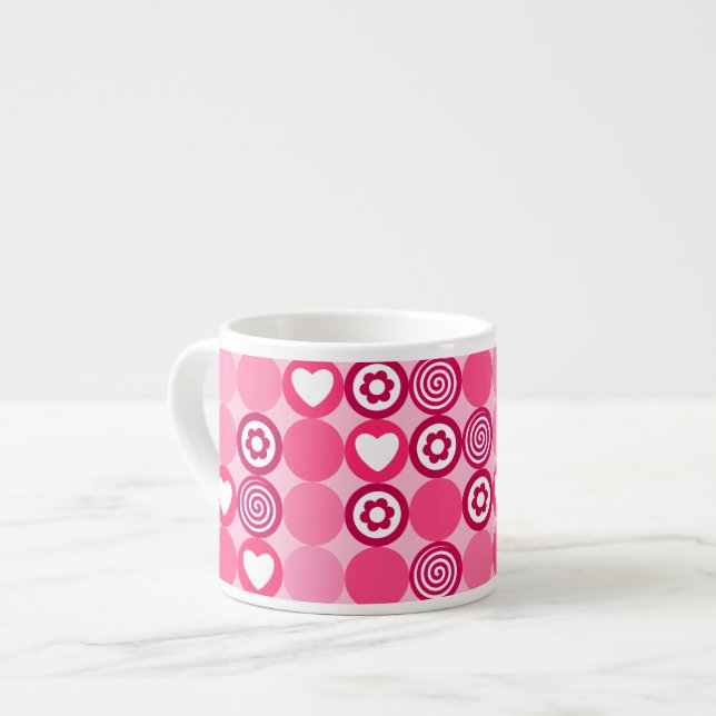 Valentines Cute Pink Heart and Flower Dots Pattern Espresso Cup (Front Left)