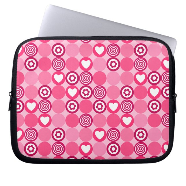 Valentines Cute Pink Heart and Flower Dots Pattern Laptop Sleeve (Front)