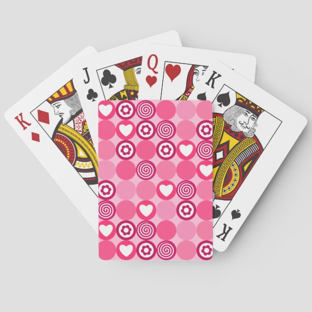 Valentines Cute Pink Heart and Flower Dots Pattern Playing Cards (Back)