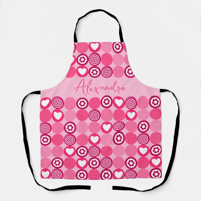 Valentines Cute Pink Heart and Flower Pattern Name Apron (Front)