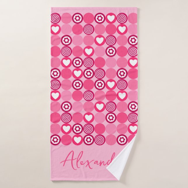 Valentines Cute Pink Heart and Flower Pattern Name Bath Towel (Bath Towel)