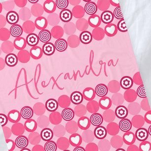 Valentines Cute Pink Heart and Flower Pattern Name Fleece Blanket