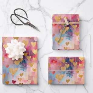Valentine's Day Abstract Gold Colour Hearts Wrapping Paper Sheet
