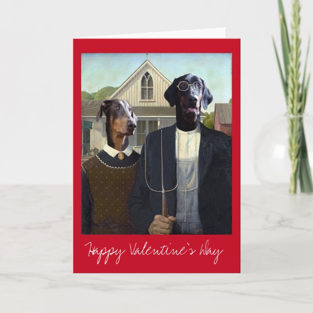 Valentines Day American Gothic funny Doberman dog Holiday Card (Front)