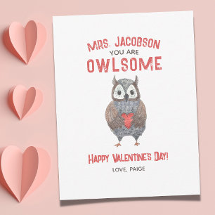 Valentine's Day Awesome Owl Teacher Valentine Holiday Card