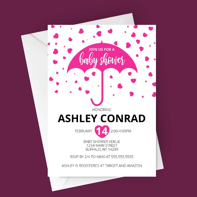Valentine's Day Baby Shower Invitation (Valentine's Day Baby Shower Invitation with Pink Umbrella and Hearts)