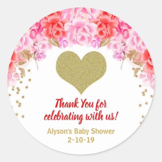 Valentines day baby shower stickers, pink red gold classic round sticker (Front)