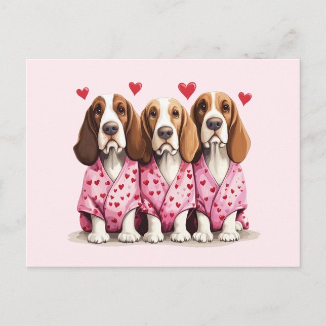Valentines Day Basset Hound Dogs Holiday Postcard (Front)