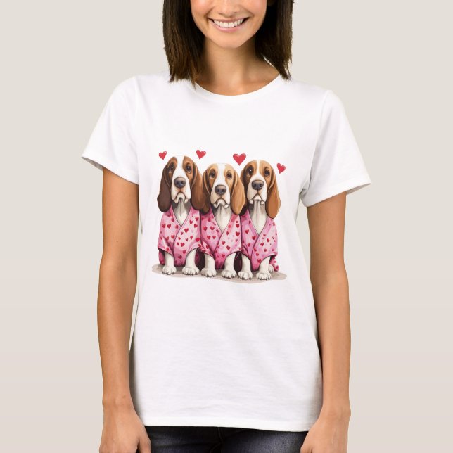 Valentines Day Basset Hound Dogs T-Shirt (Front)