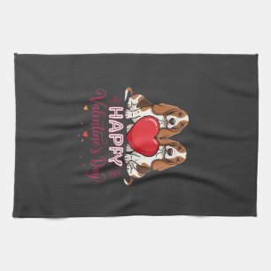 Valentine's Day Basset Hound Floral Dog Tea Towel